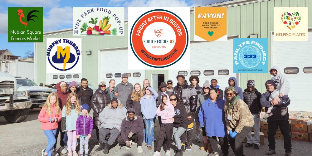 Boston Friday After header image showing people gathered in a group with many logos on top.